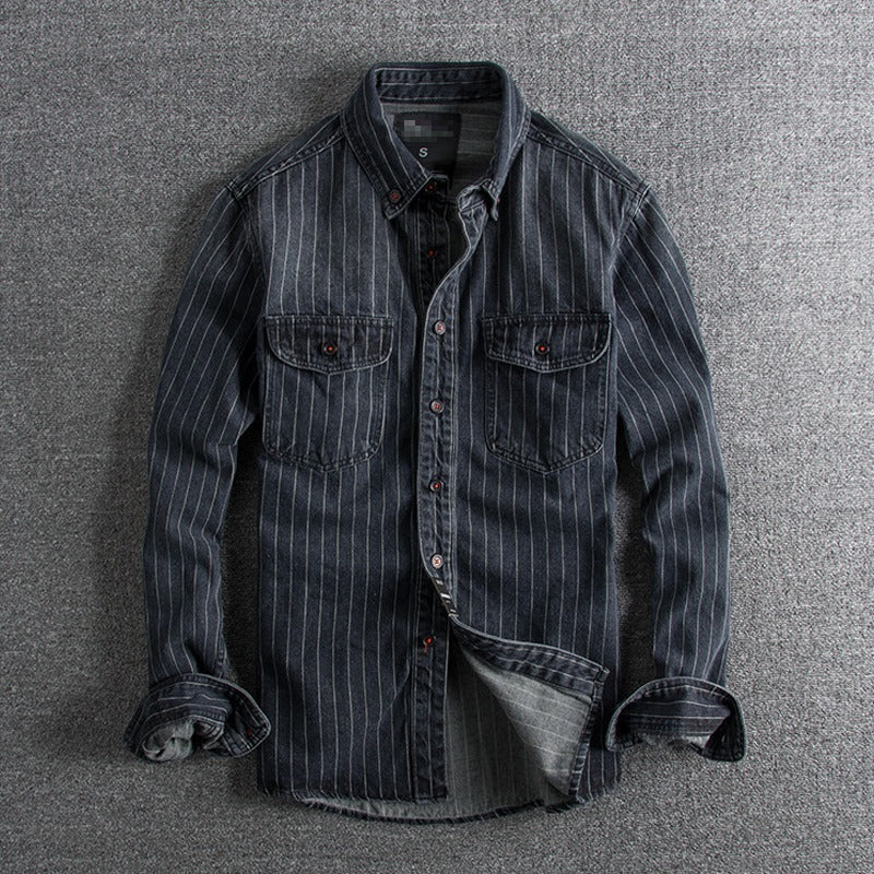 Herren Retro Heavy Distressed Denim Shirt Slim Fit Gestreiftes Langarmhemd | 8833