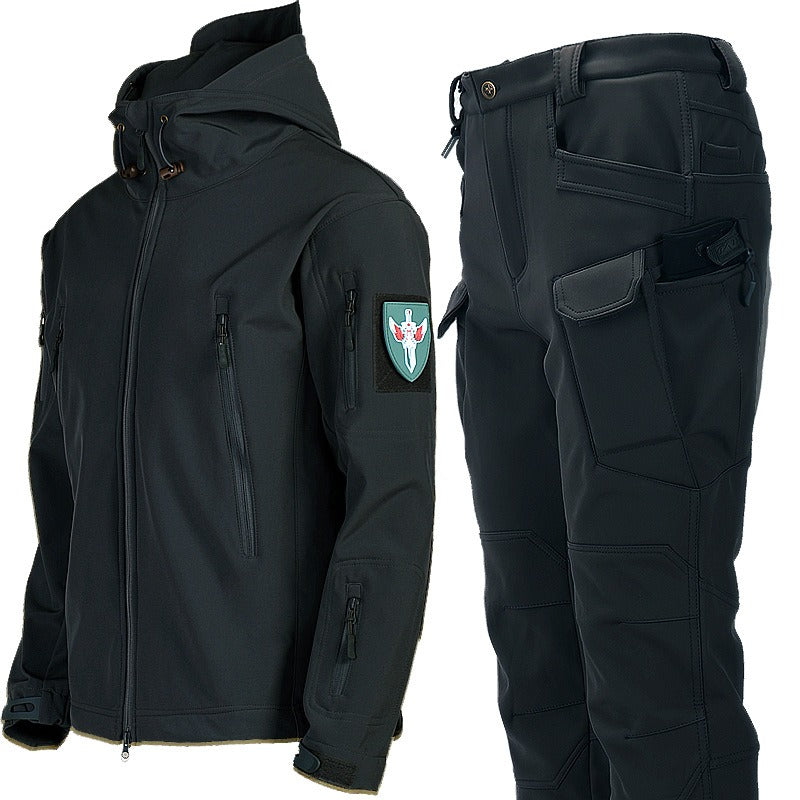 Wasserdichter Wanderanzug für Herren, Outdoor-Windjacke, taktische Jacken, Kapuzenjacke, Trekkinghose für Männer, Thermo-Fleece-Jagdset | 00856