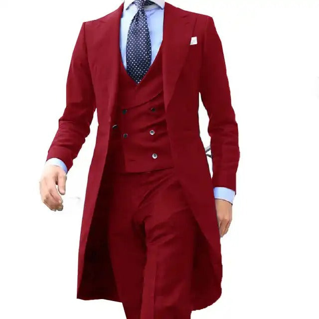 3-teiliger Herrenanzug, Smoking, langer Blazer, maßgeschneidert, handgefertigt, 3-teilig, Party-, Hochzeits- und Arbeitskleid (Blazer + Weste + Hose) | 102