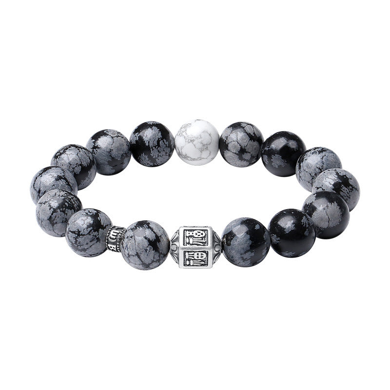 Herren-Segensarmband, handgefertigt, silbernes Schneeflocken-Obsidian-Mantra-Perlen-Armband | VB24383-3BBYS