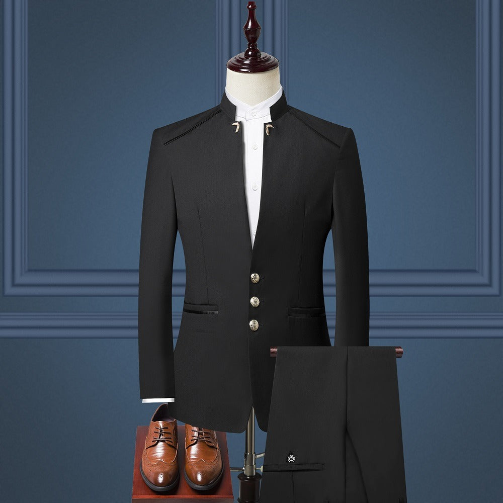 Herrenanzug Slim Fit Dreiteiliger Zhongshan-Anzug im britischen Stil mit Stehkragen | 02