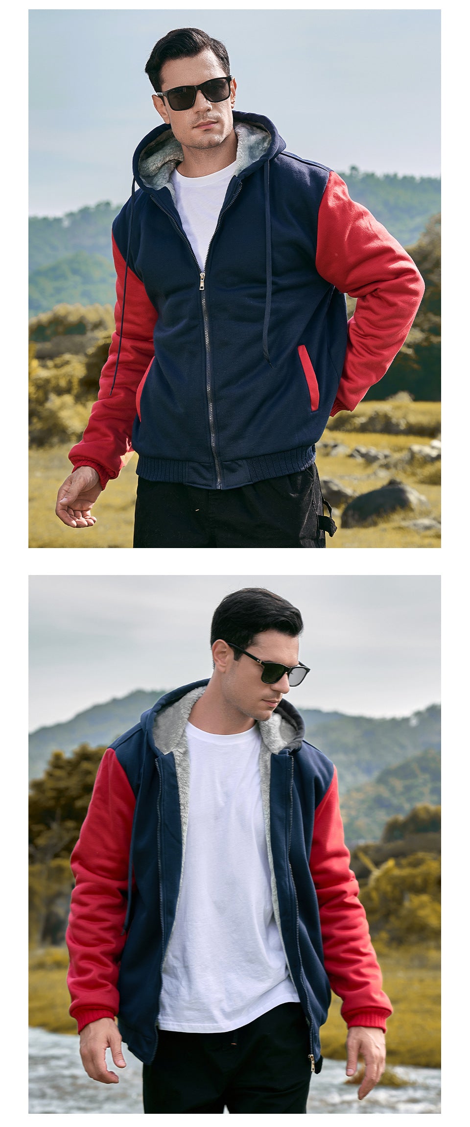 Herren Fleece Hoodie mit Reißverschluss Langarm Jacken Lässiger Kapuzenpullover | W02O