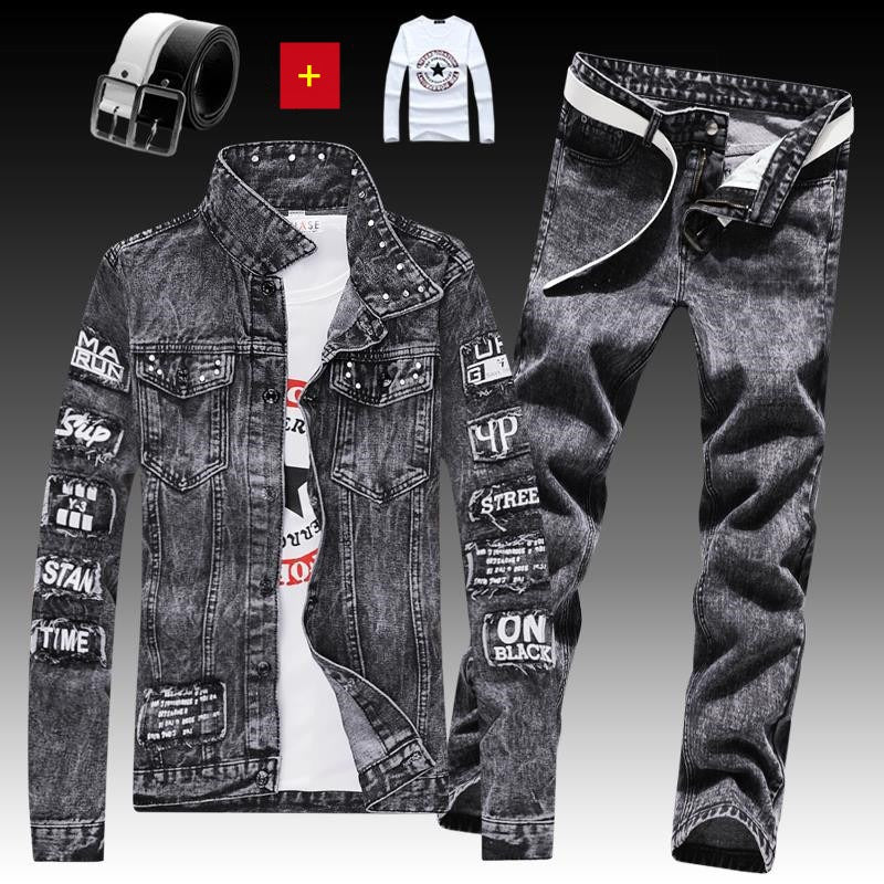 Herren Jeansjacke Jeanshose Buchstaben Druckhose 3-teiliges Set Casual Single Breasted