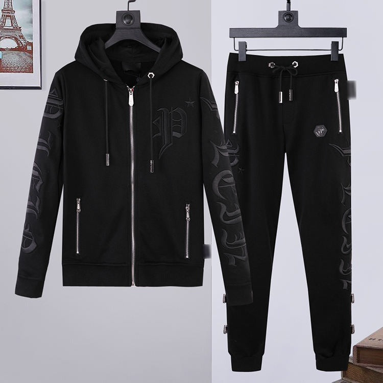 Hochwertiger Athleisure-Trainingsanzug für Herren mit Reißverschluss und Kapuze, bestickt, 2-teilig | 879