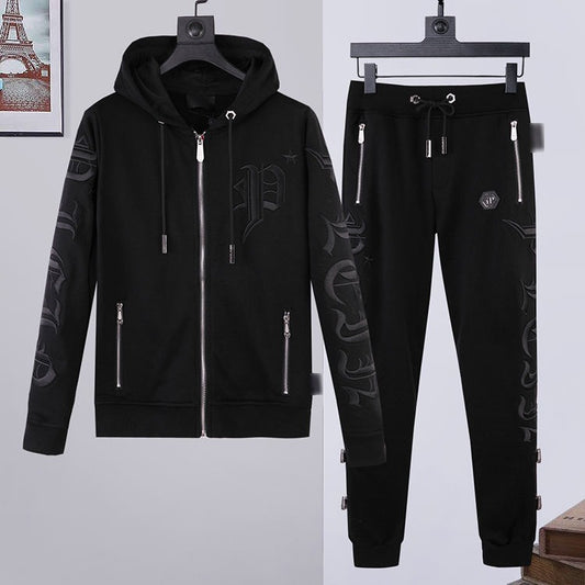 Hochwertiger Athleisure-Trainingsanzug für Herren mit Reißverschluss und Kapuze, bestickt, 2-teilig | 879