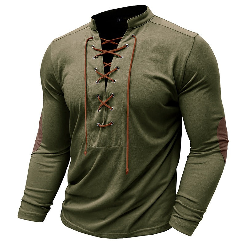 Herren Retro Langarm T-Shirt Offener Stehkragen Base Unhooded Shirt | 2379