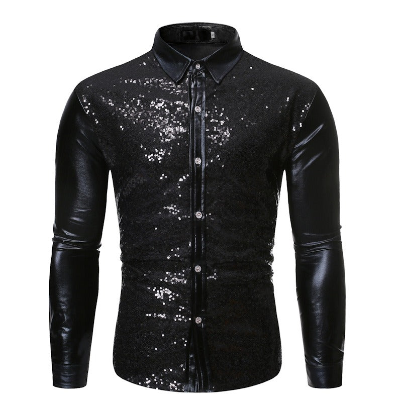 Herren Pailletten Bronzing Patchwork Tanzshirt Schlank Atmungsaktiv Party Top | ZT-CS86