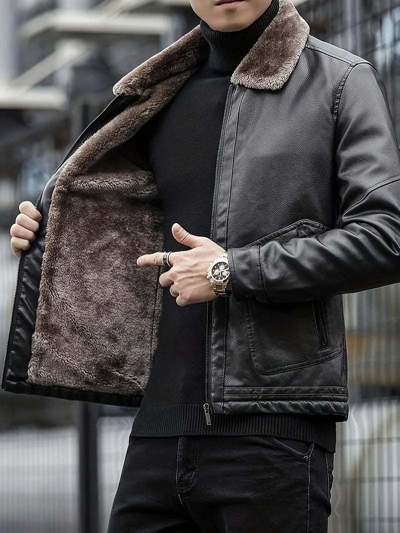 Herren PU-Lederjacke Mäntel Hochwertige Business Pelzkragen Leder Bomber Warme Jacke | 2053