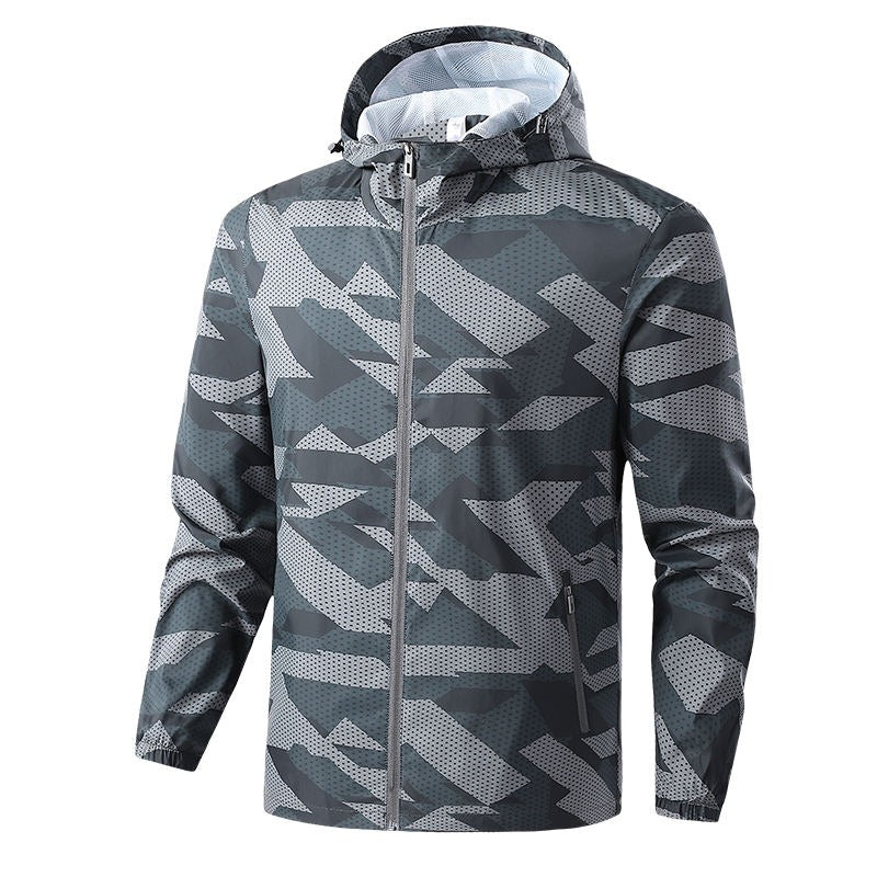 Herrenjacken, vollständig mit Camouflage-Muster bedruckt, leichte Jacken, Trenchcoat-Windbreaker mit durchgehendem Reißverschluss und Kapuze |
