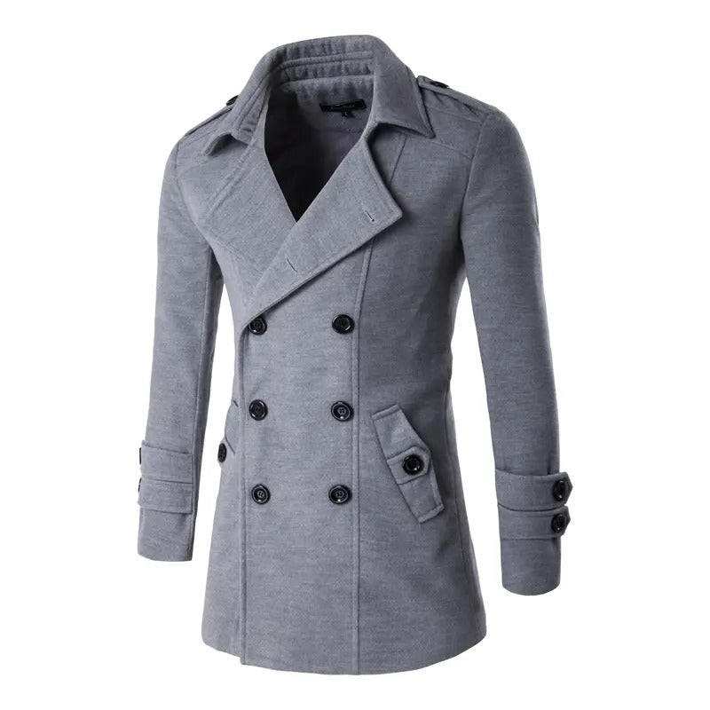 Herren Zweireihiger Wollmantel Mittellang Schmaler Trenchcoat | 3013