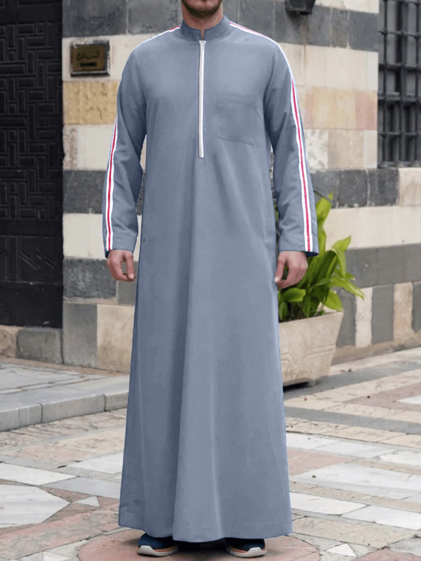 Lässiger arabischer Herrenmantel im ethnischen Stil, einfarbiges Patchwork-Design für moderne Eleganz | 852145
