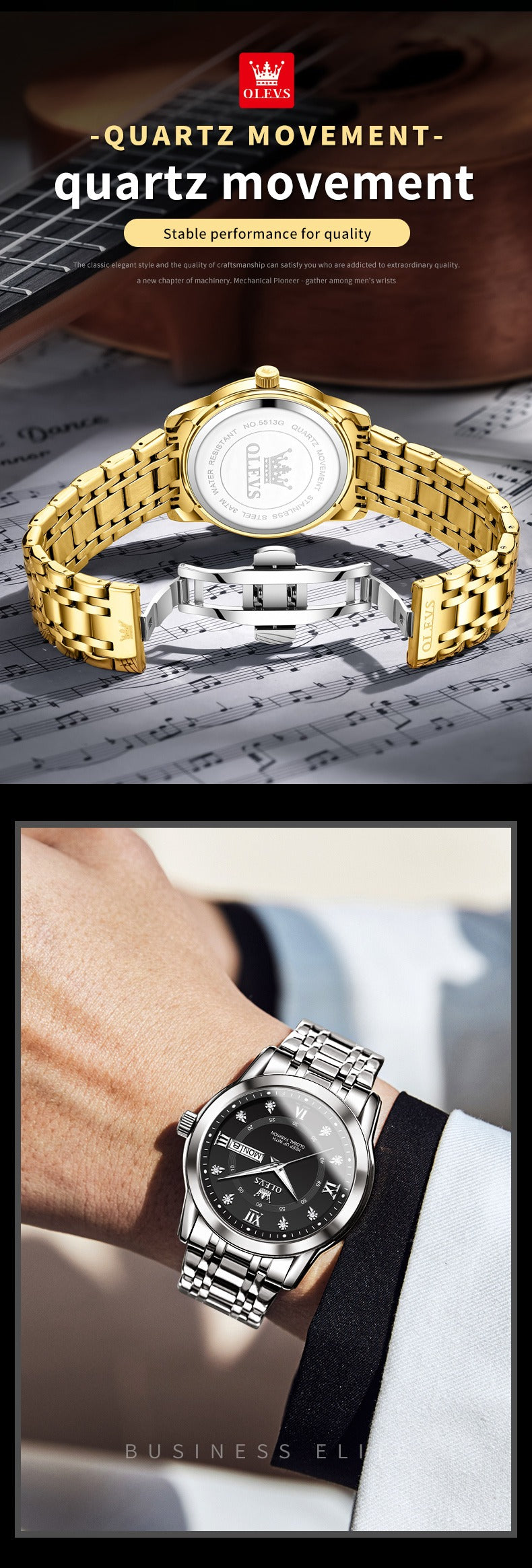 Luxuriöse Edelstahl-Quarzuhr für Herren, hochwertige Freizeit- und Business-Armbanduhr in Gold | 5513