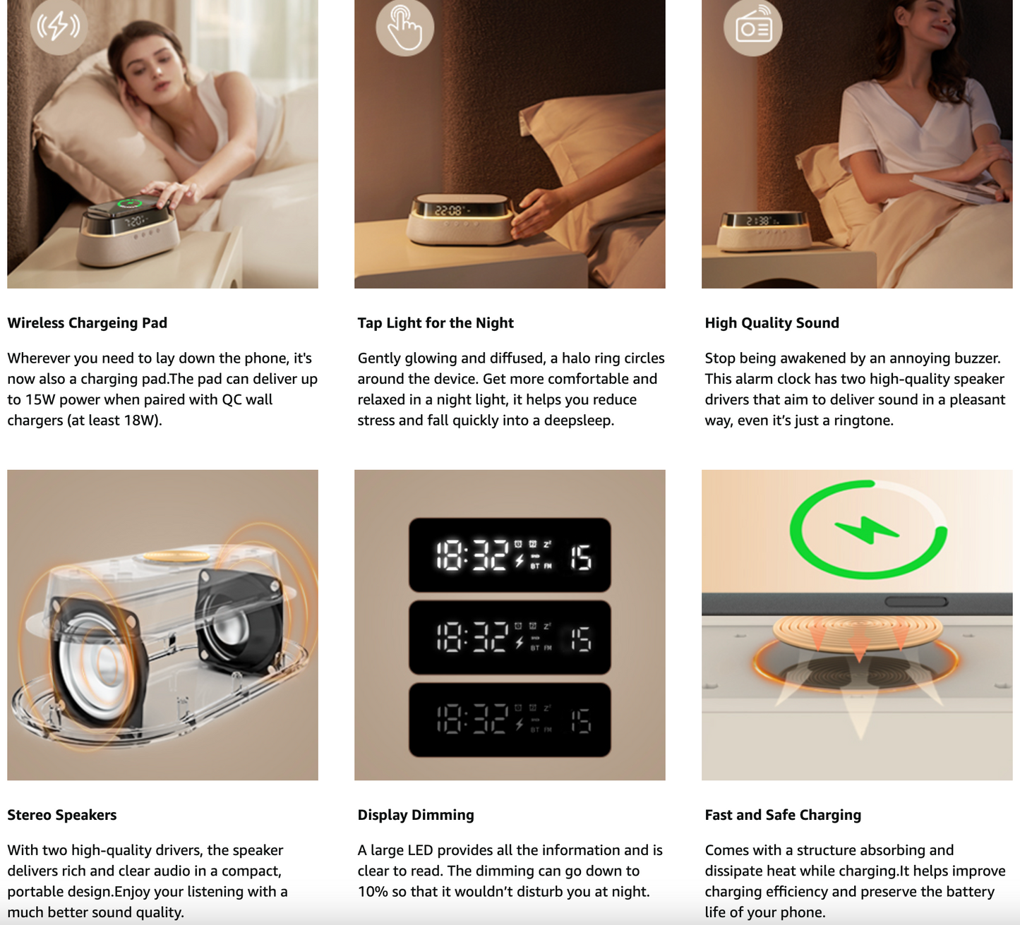 Nachttisch-Radiowecker mit kabellosem Laden und Nachtlicht Modernes All-in-One-Design | S39W