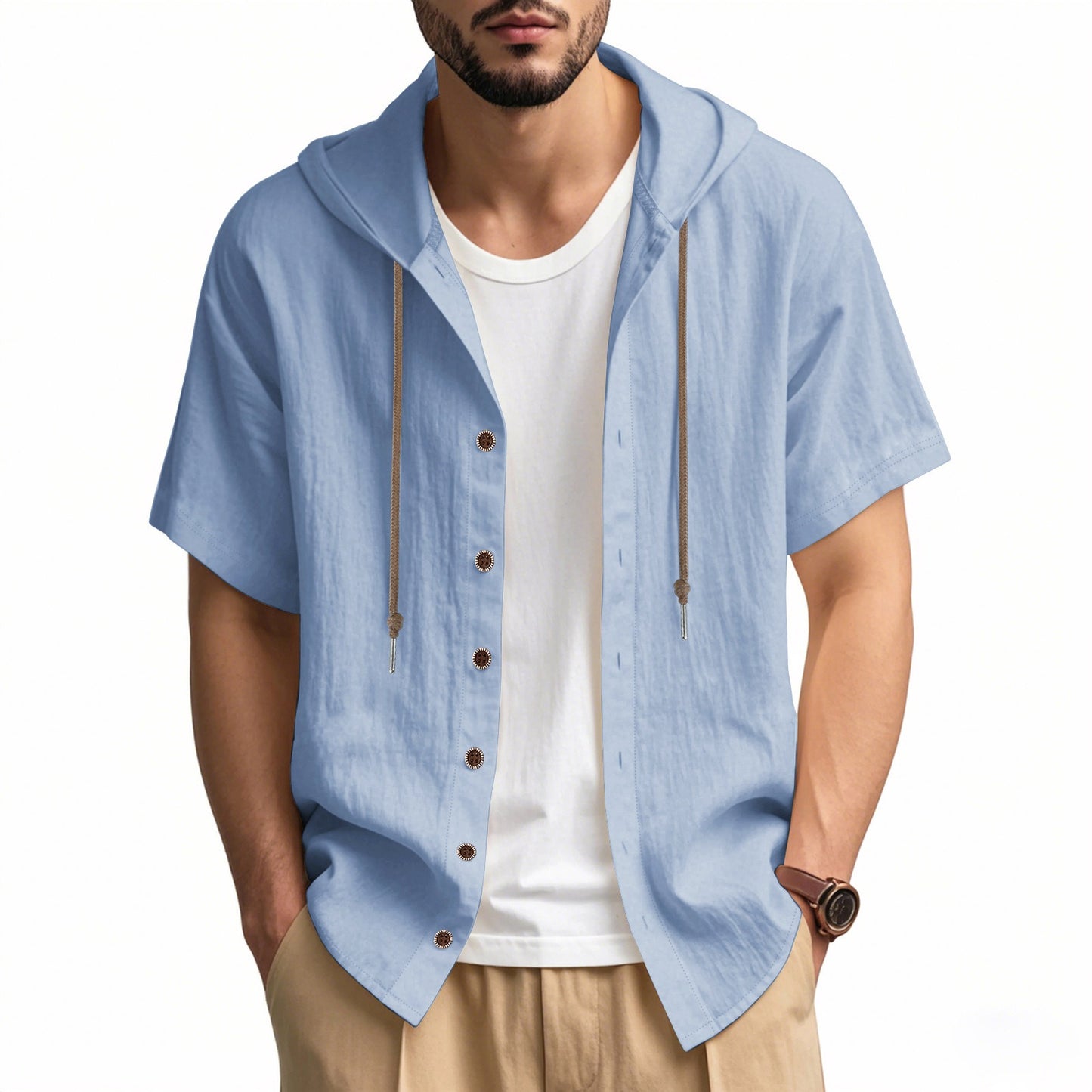 Herren Oversized Leinen Kapuzenhemd – Kurzarm Amekaji Casual Sommer Overshirt | 2455C