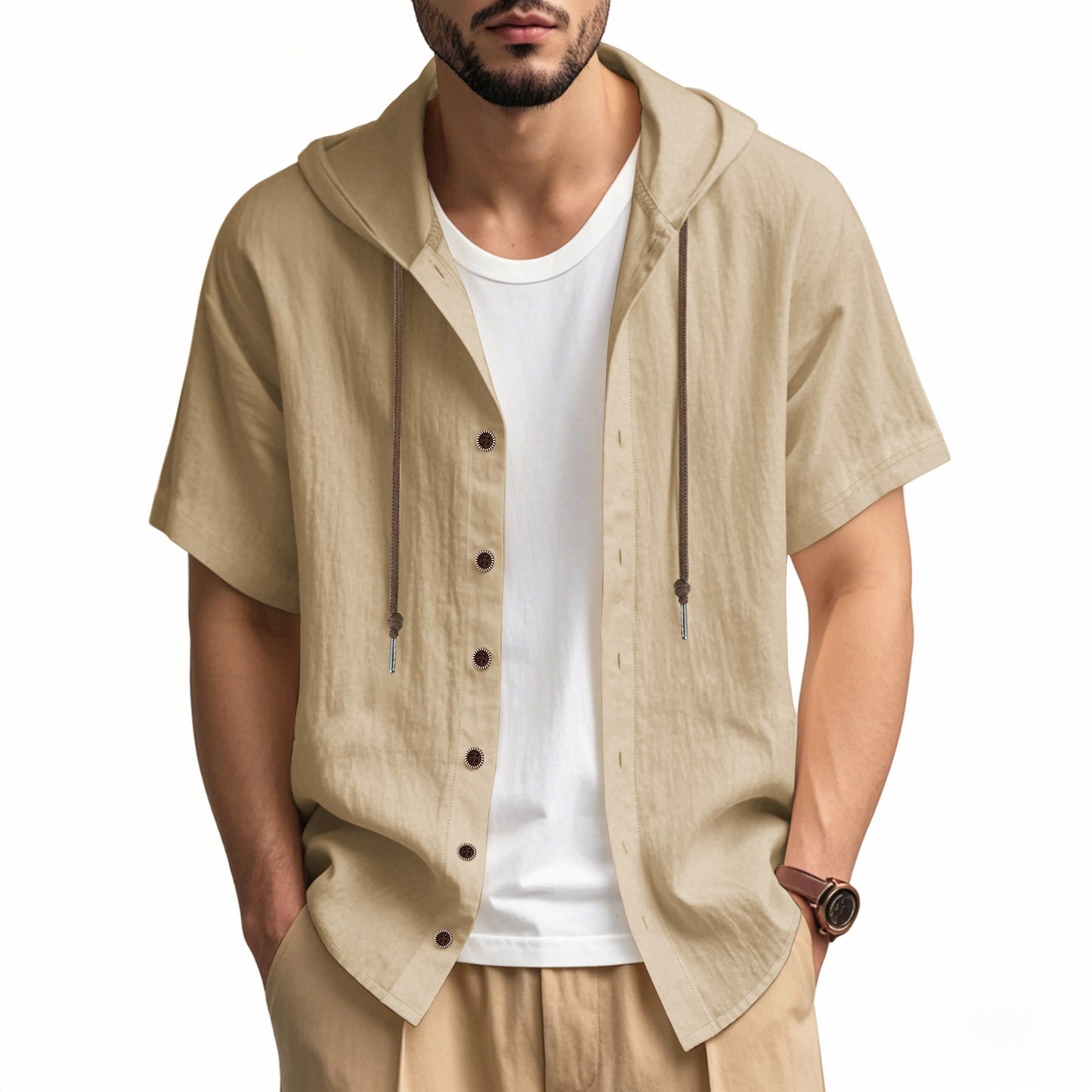 Herren Oversized Leinen Kapuzenhemd – Kurzarm Amekaji Casual Sommer Overshirt | 2455C