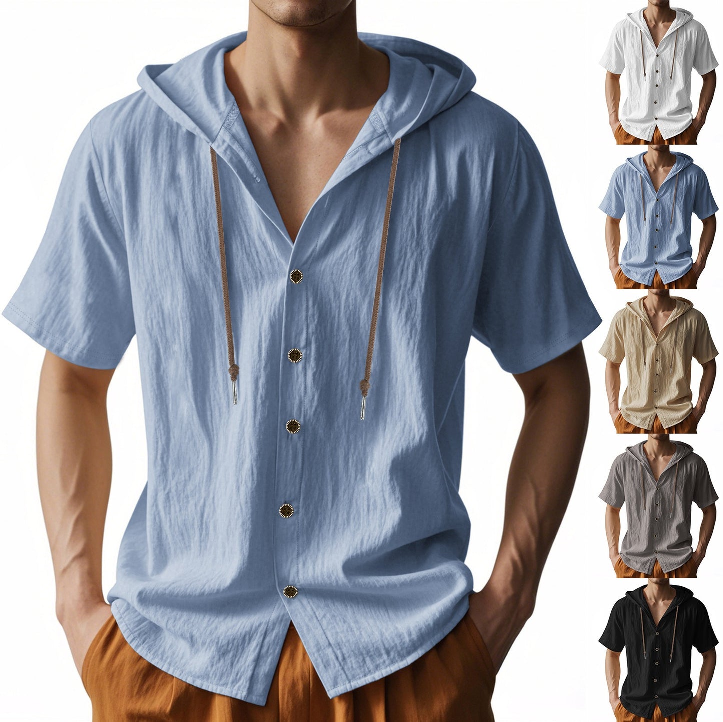 Herren Oversized Leinen Kapuzenhemd – Kurzarm Amekaji Casual Sommer Overshirt | 2455C