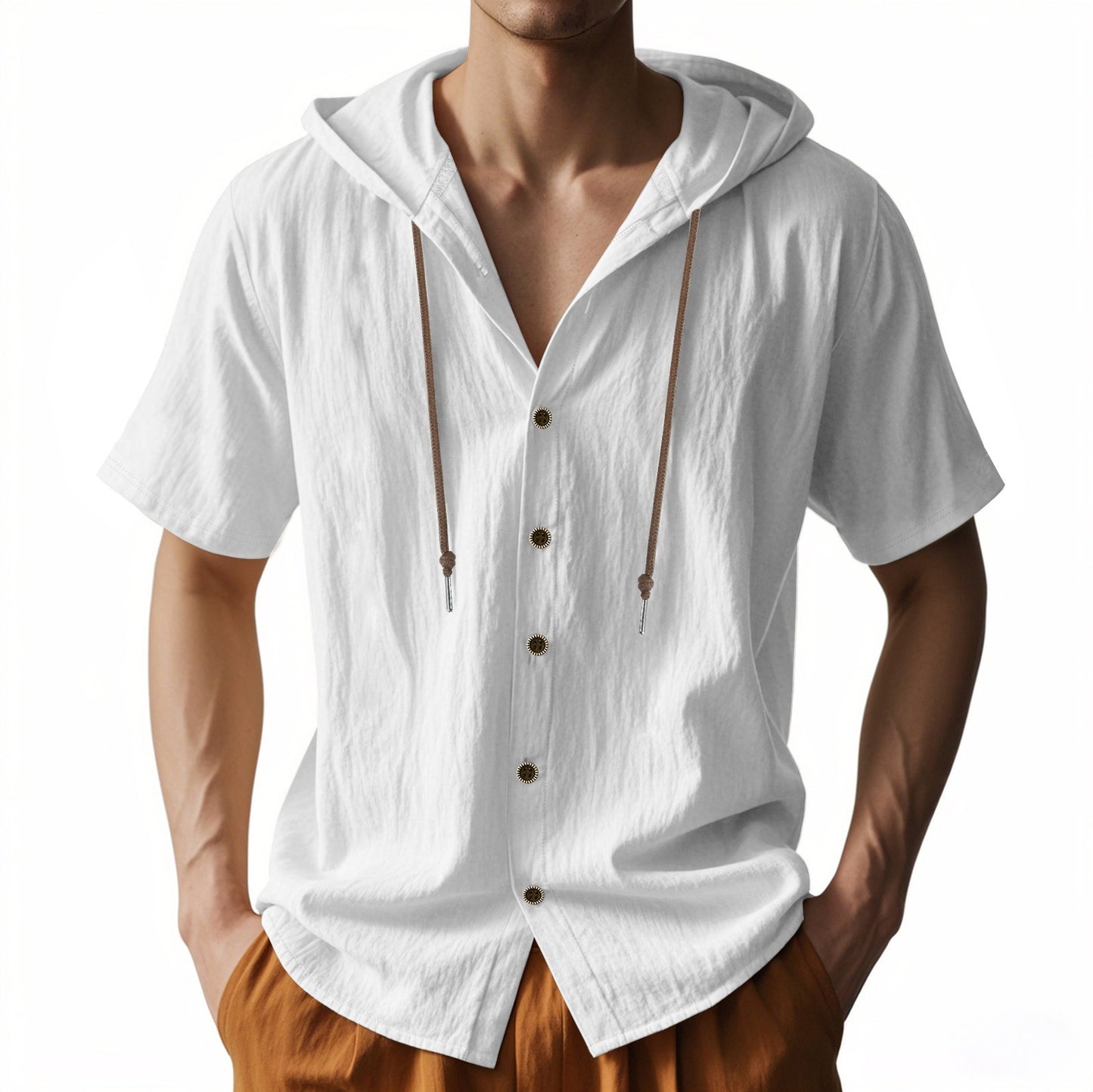 Herren Oversized Leinen Kapuzenhemd – Kurzarm Amekaji Casual Sommer Overshirt | 2455C