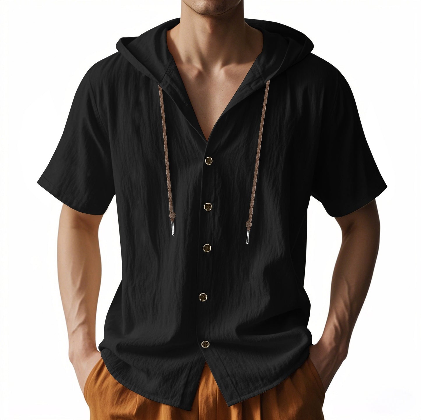Herren Oversized Leinen Kapuzenhemd – Kurzarm Amekaji Casual Sommer Overshirt | 2455C