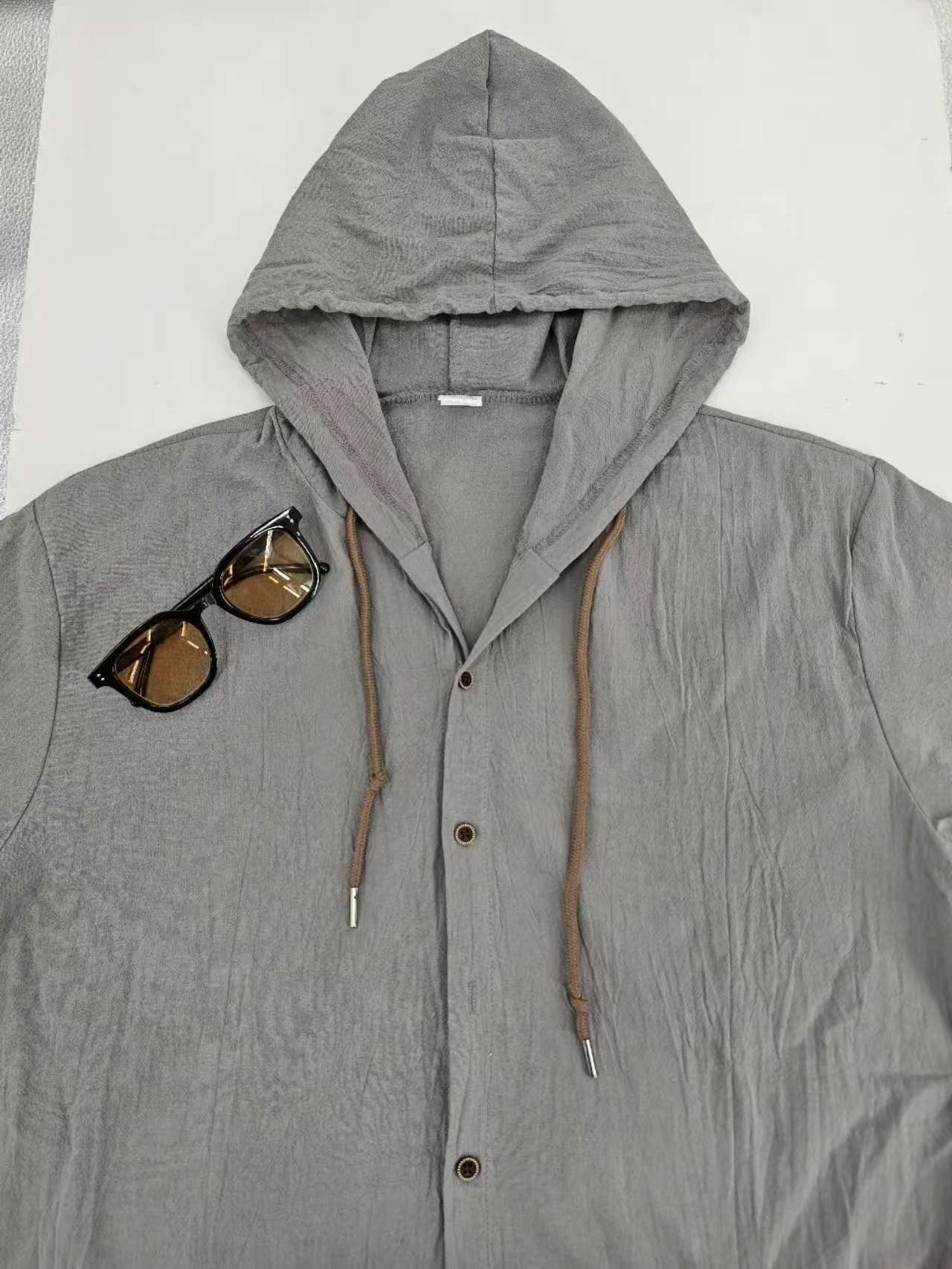 Herren Oversized Leinen Kapuzenhemd – Kurzarm Amekaji Casual Sommer Overshirt | 2455C
