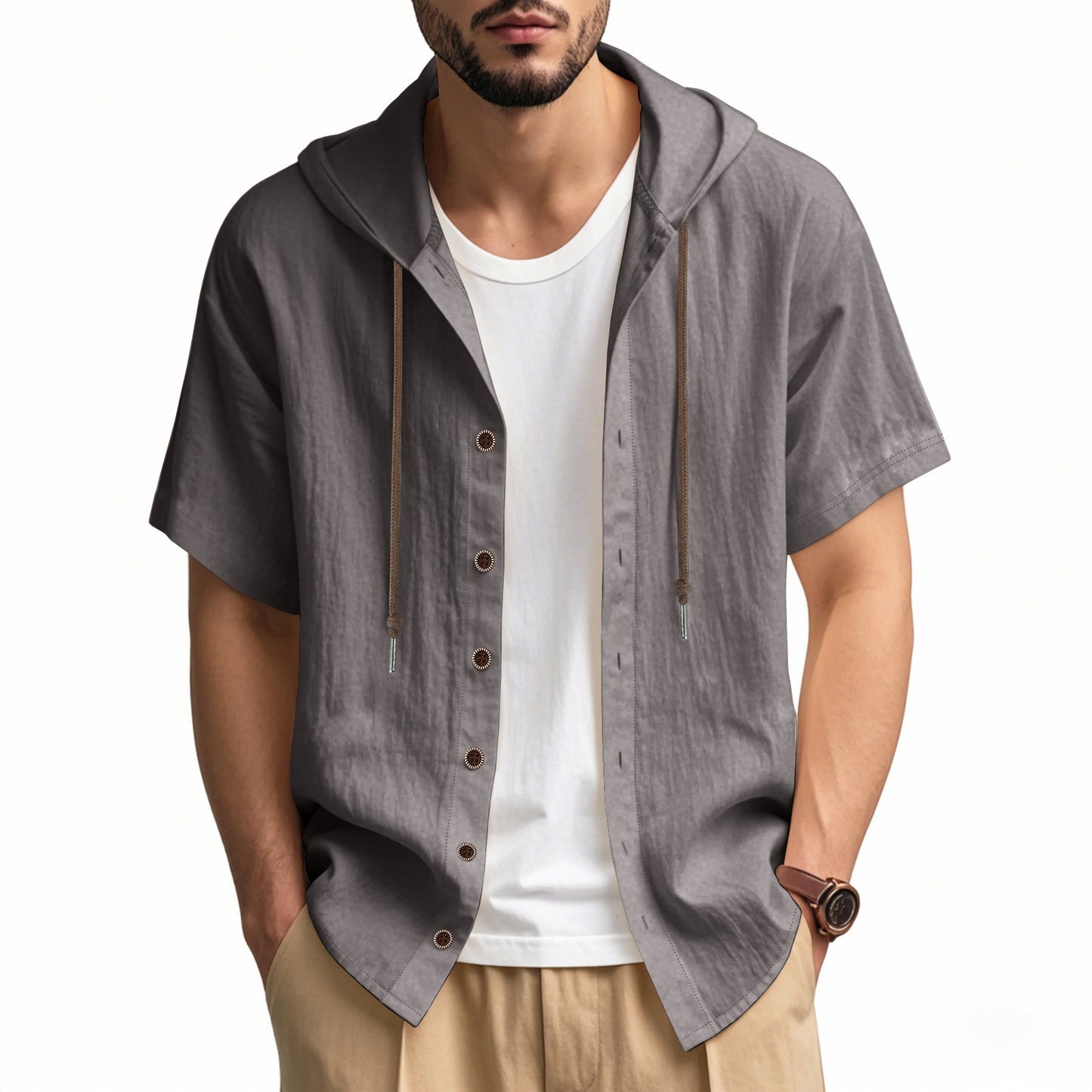 Herren Oversized Leinen Kapuzenhemd – Kurzarm Amekaji Casual Sommer Overshirt | 2455C
