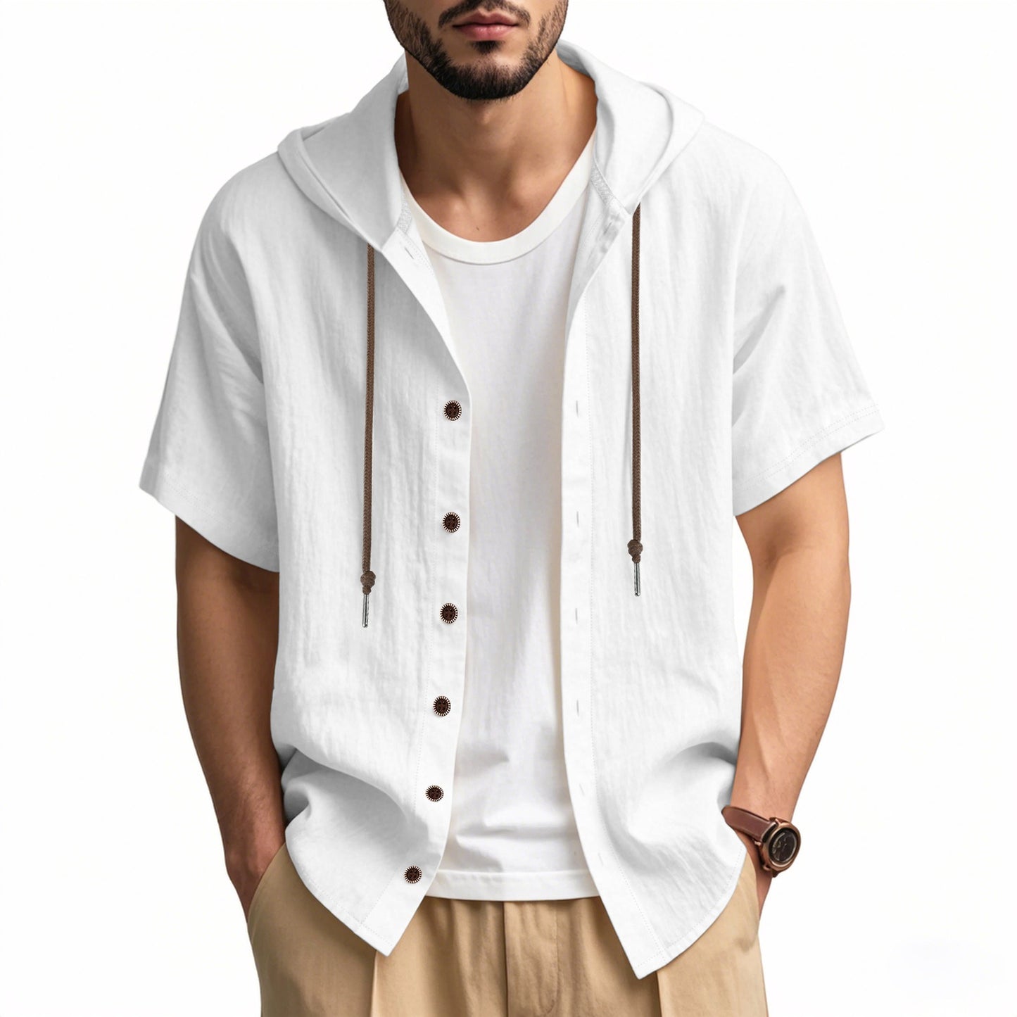 Herren Oversized Leinen Kapuzenhemd – Kurzarm Amekaji Casual Sommer Overshirt | 2455C