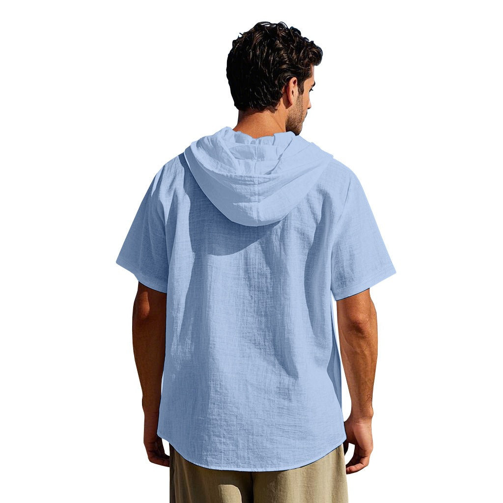 Herren Oversized Leinen Kapuzenhemd – Kurzarm Amekaji Casual Sommer Overshirt | 2455C