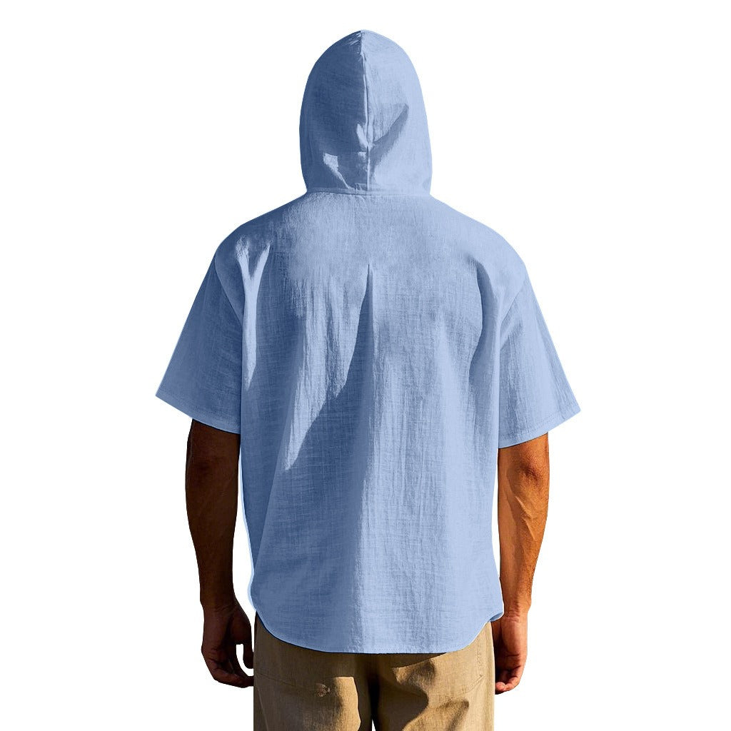 Herren Oversized Leinen Kapuzenhemd – Kurzarm Amekaji Casual Sommer Overshirt | 2455C