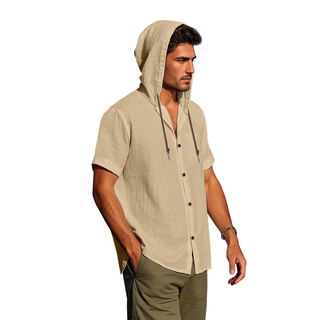 Herren Oversized Leinen Kapuzenhemd – Kurzarm Amekaji Casual Sommer Overshirt | 2455C