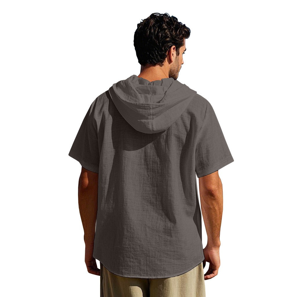 Herren Oversized Leinen Kapuzenhemd – Kurzarm Amekaji Casual Sommer Overshirt | 2455C
