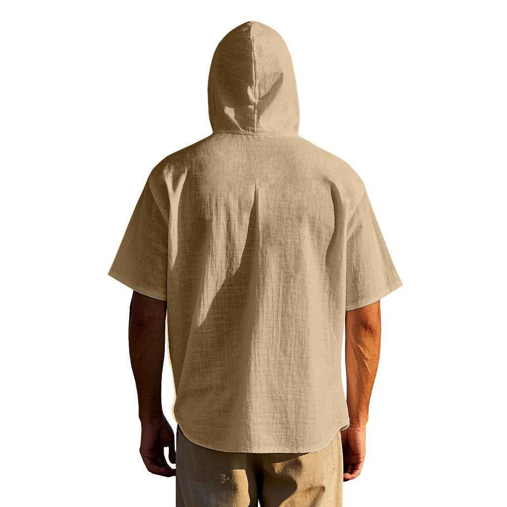 Herren Oversized Leinen Kapuzenhemd – Kurzarm Amekaji Casual Sommer Overshirt | 2455C