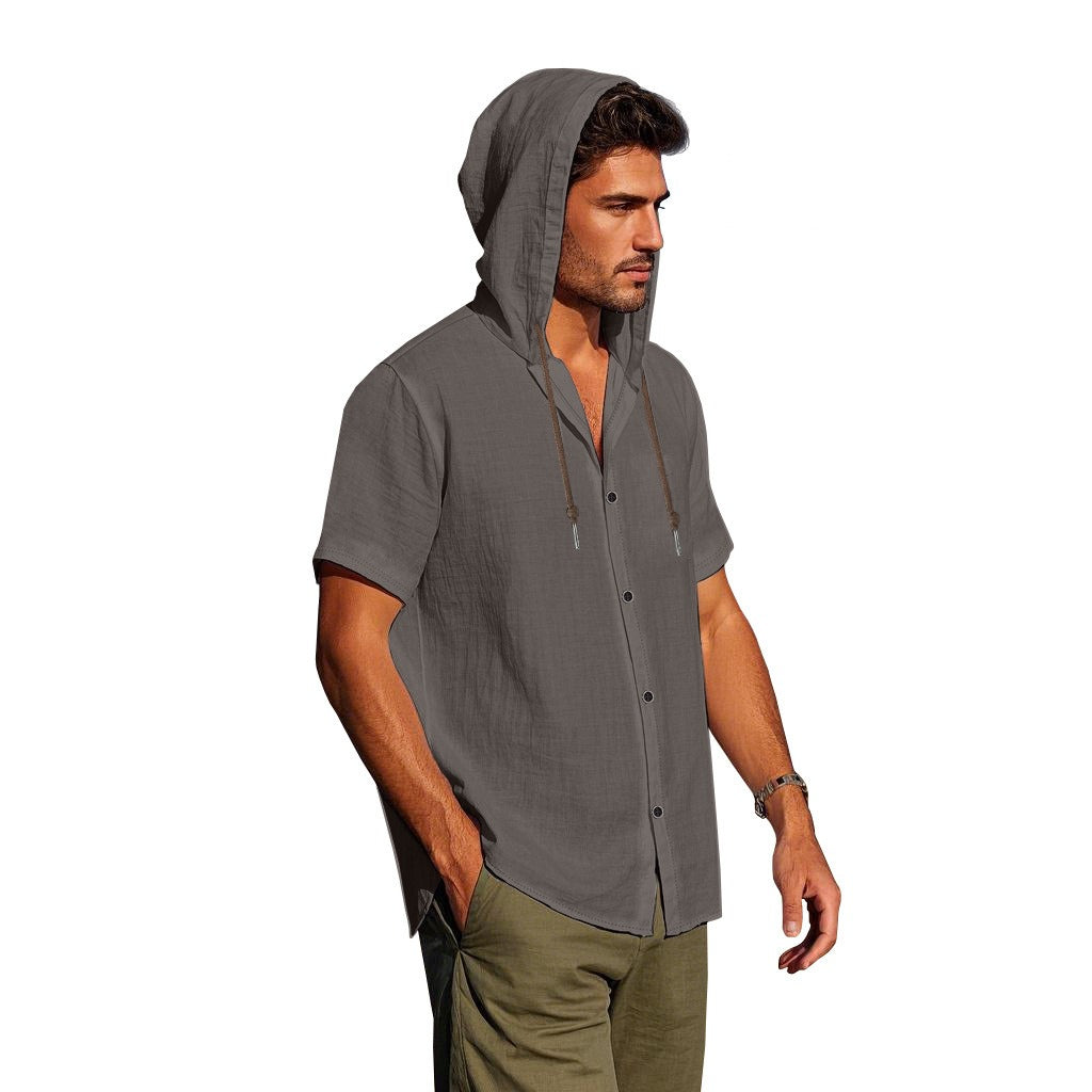 Herren Oversized Leinen Kapuzenhemd – Kurzarm Amekaji Casual Sommer Overshirt | 2455C