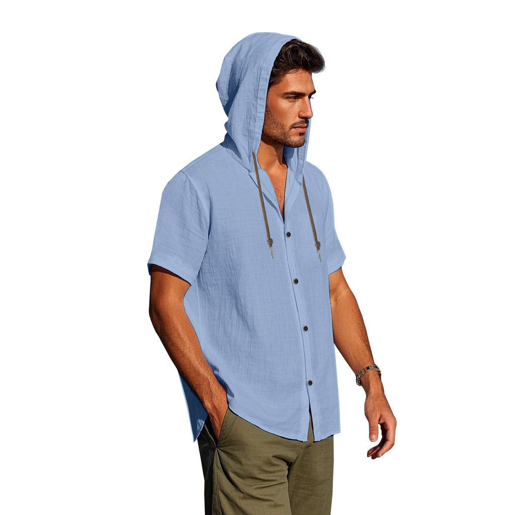 Herren Oversized Leinen Kapuzenhemd – Kurzarm Amekaji Casual Sommer Overshirt | 2455C