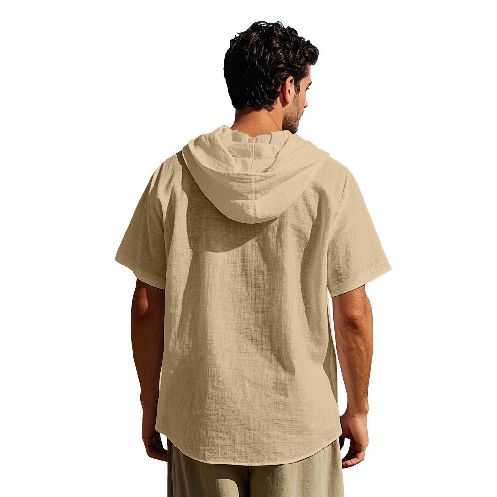 Herren Oversized Leinen Kapuzenhemd – Kurzarm Amekaji Casual Sommer Overshirt | 2455C