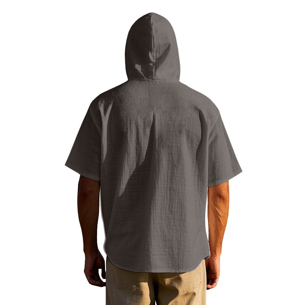 Herren Oversized Leinen Kapuzenhemd – Kurzarm Amekaji Casual Sommer Overshirt | 2455C