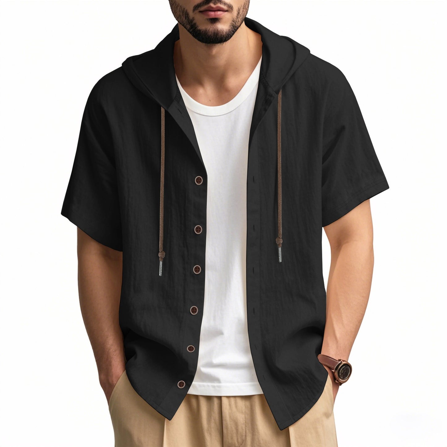 Herren Oversized Leinen Kapuzenhemd – Kurzarm Amekaji Casual Sommer Overshirt | 2455C