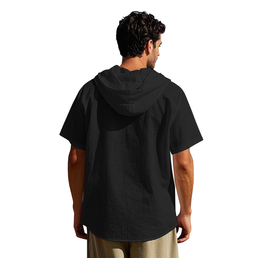Herren Oversized Leinen Kapuzenhemd – Kurzarm Amekaji Casual Sommer Overshirt | 2455C