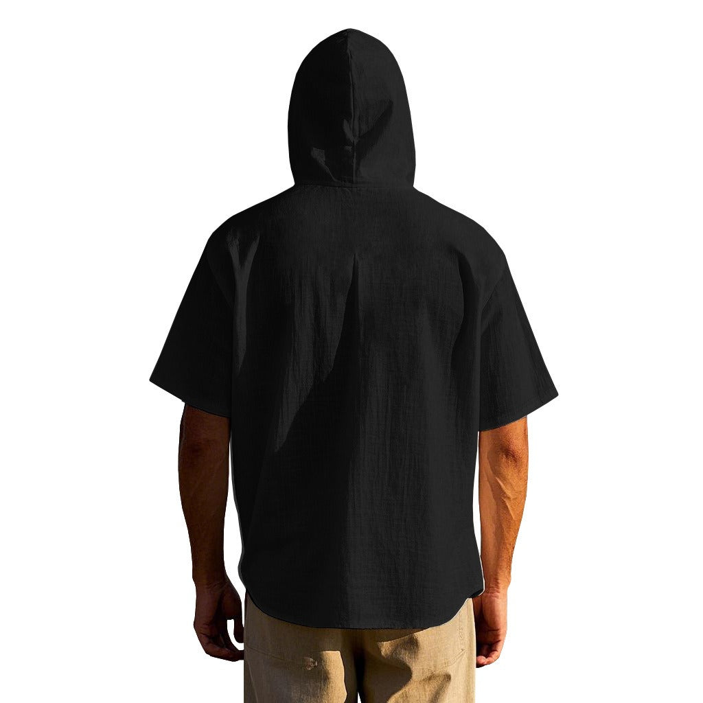 Herren Oversized Leinen Kapuzenhemd – Kurzarm Amekaji Casual Sommer Overshirt | 2455C