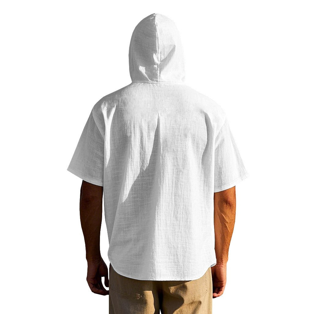 Herren Oversized Leinen Kapuzenhemd – Kurzarm Amekaji Casual Sommer Overshirt | 2455C