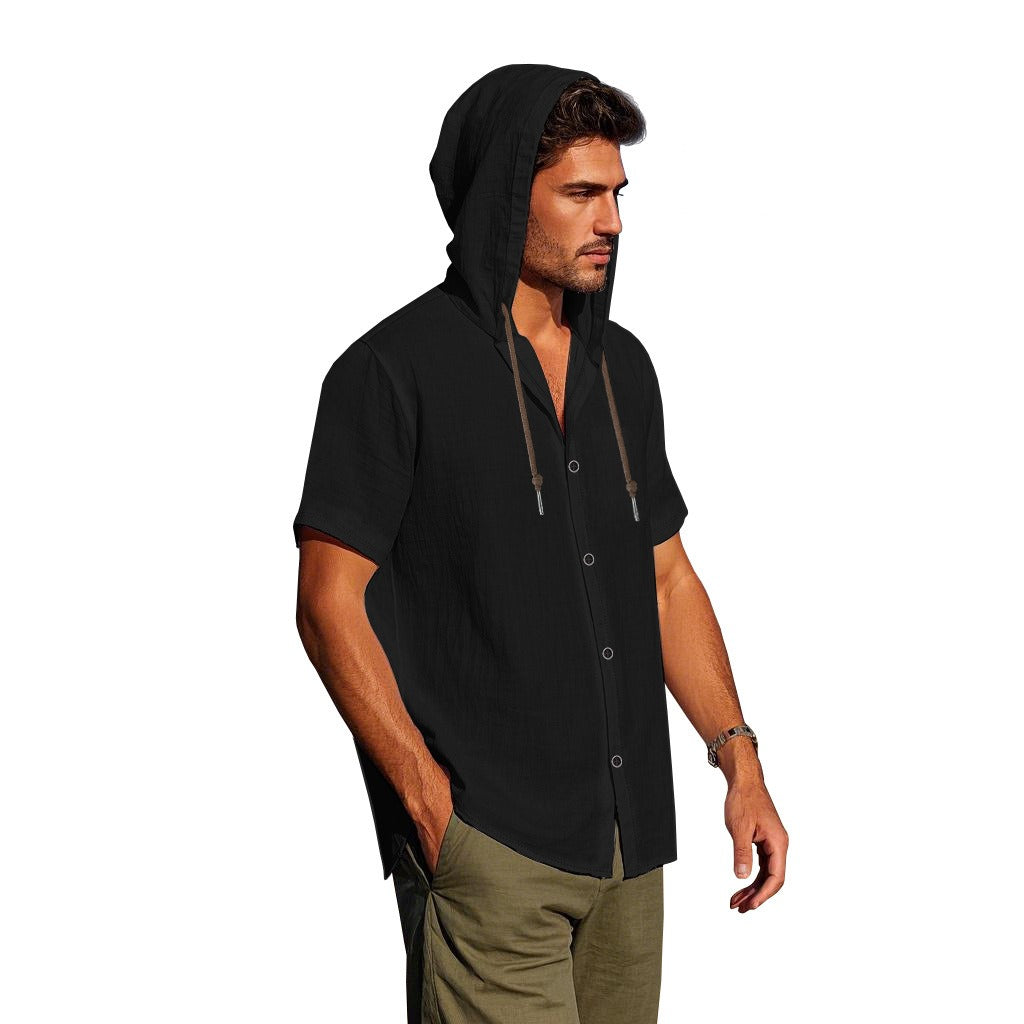 Herren Oversized Leinen Kapuzenhemd – Kurzarm Amekaji Casual Sommer Overshirt | 2455C