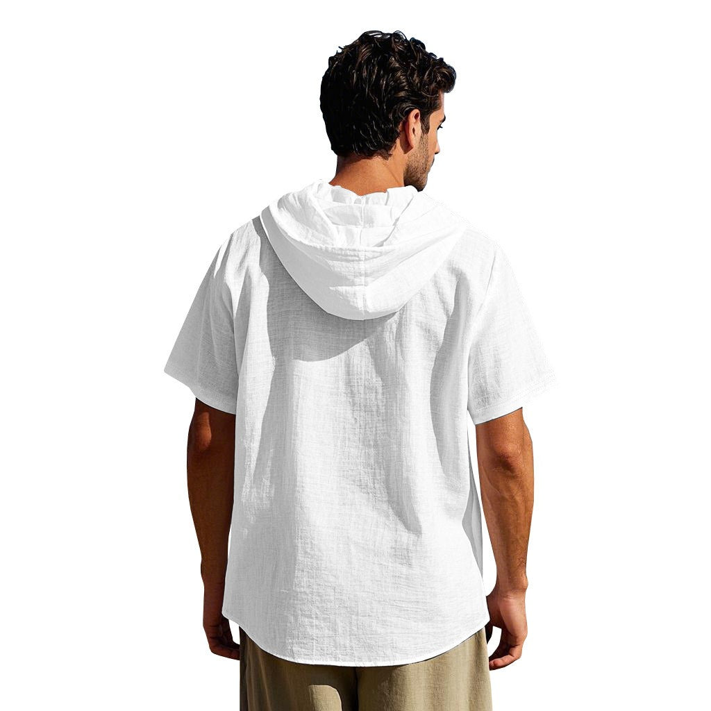 Herren Oversized Leinen Kapuzenhemd – Kurzarm Amekaji Casual Sommer Overshirt | 2455C
