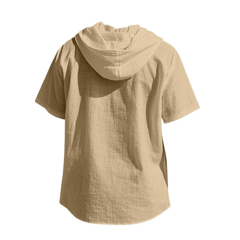 Herren Oversized Leinen Kapuzenhemd – Kurzarm Amekaji Casual Sommer Overshirt | 2455C