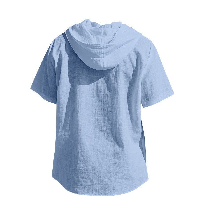 Herren Oversized Leinen Kapuzenhemd – Kurzarm Amekaji Casual Sommer Overshirt | 2455C