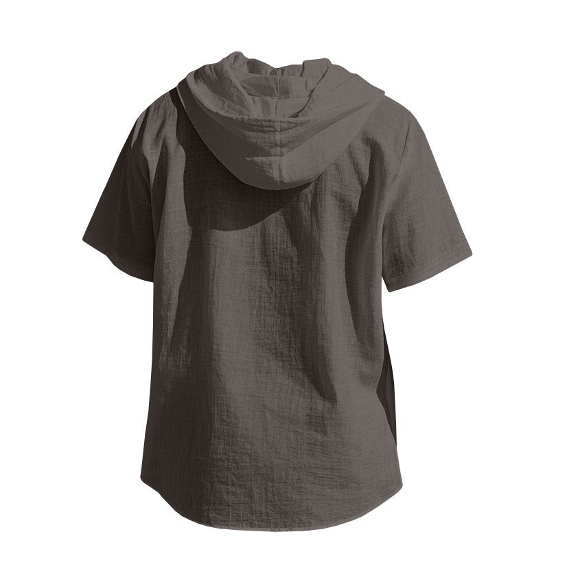 Herren Oversized Leinen Kapuzenhemd – Kurzarm Amekaji Casual Sommer Overshirt | 2455C