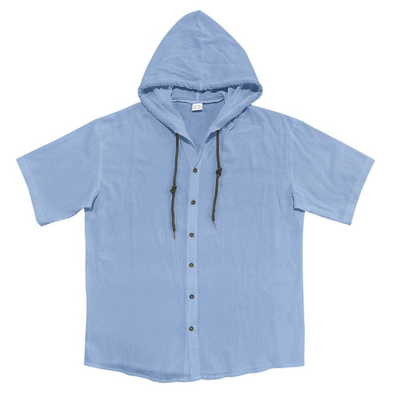 Herren Oversized Leinen Kapuzenhemd – Kurzarm Amekaji Casual Sommer Overshirt | 2455C