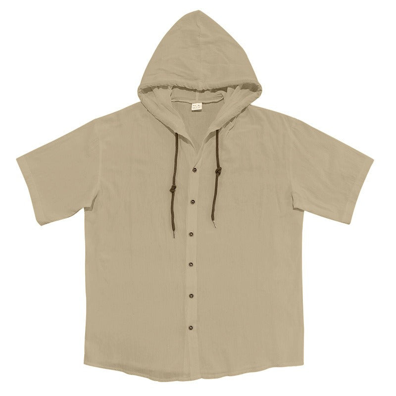 Herren Oversized Leinen Kapuzenhemd – Kurzarm Amekaji Casual Sommer Overshirt | 2455C