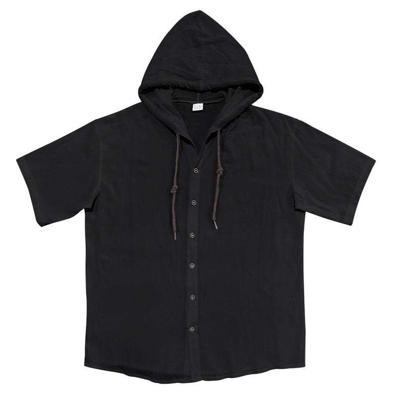 Herren Oversized Leinen Kapuzenhemd – Kurzarm Amekaji Casual Sommer Overshirt | 2455C