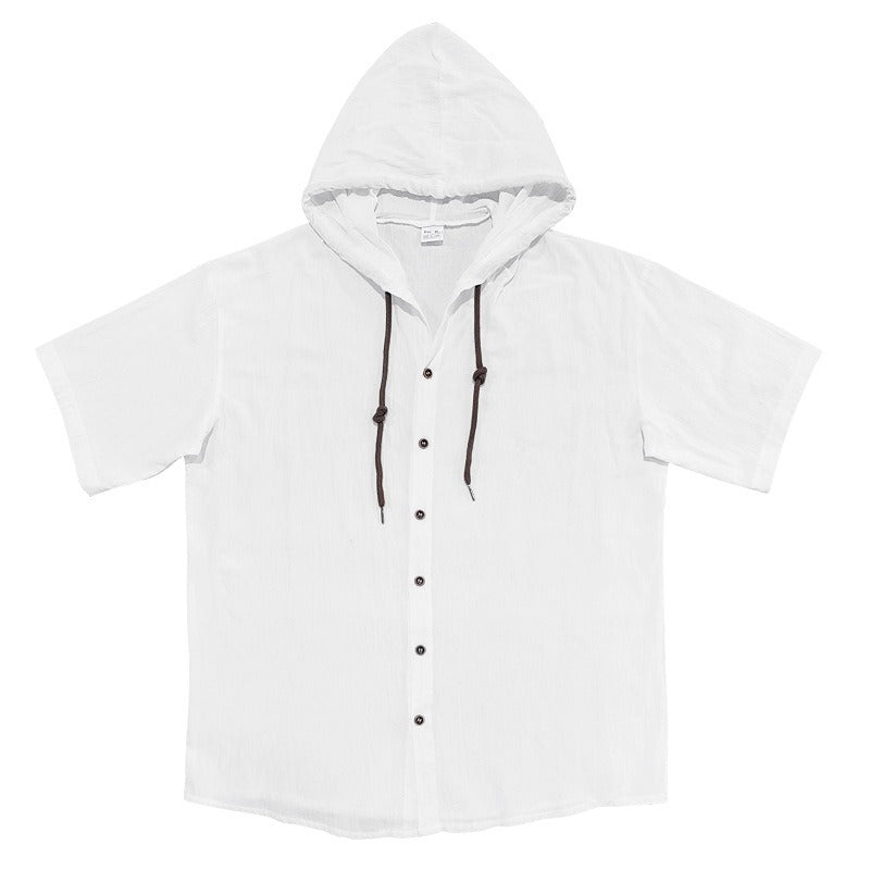 Herren Oversized Leinen Kapuzenhemd – Kurzarm Amekaji Casual Sommer Overshirt | 2455C
