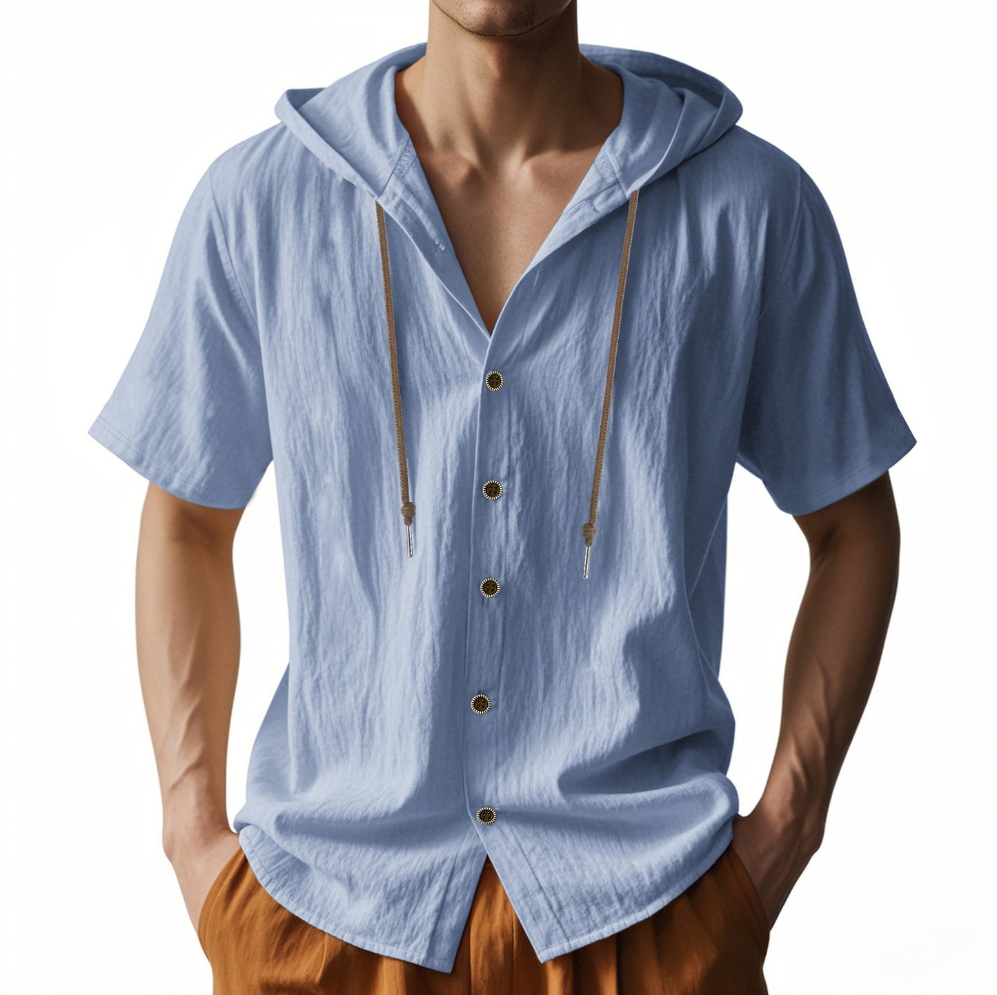 Herren Oversized Leinen Kapuzenhemd – Kurzarm Amekaji Casual Sommer Overshirt | 2455C