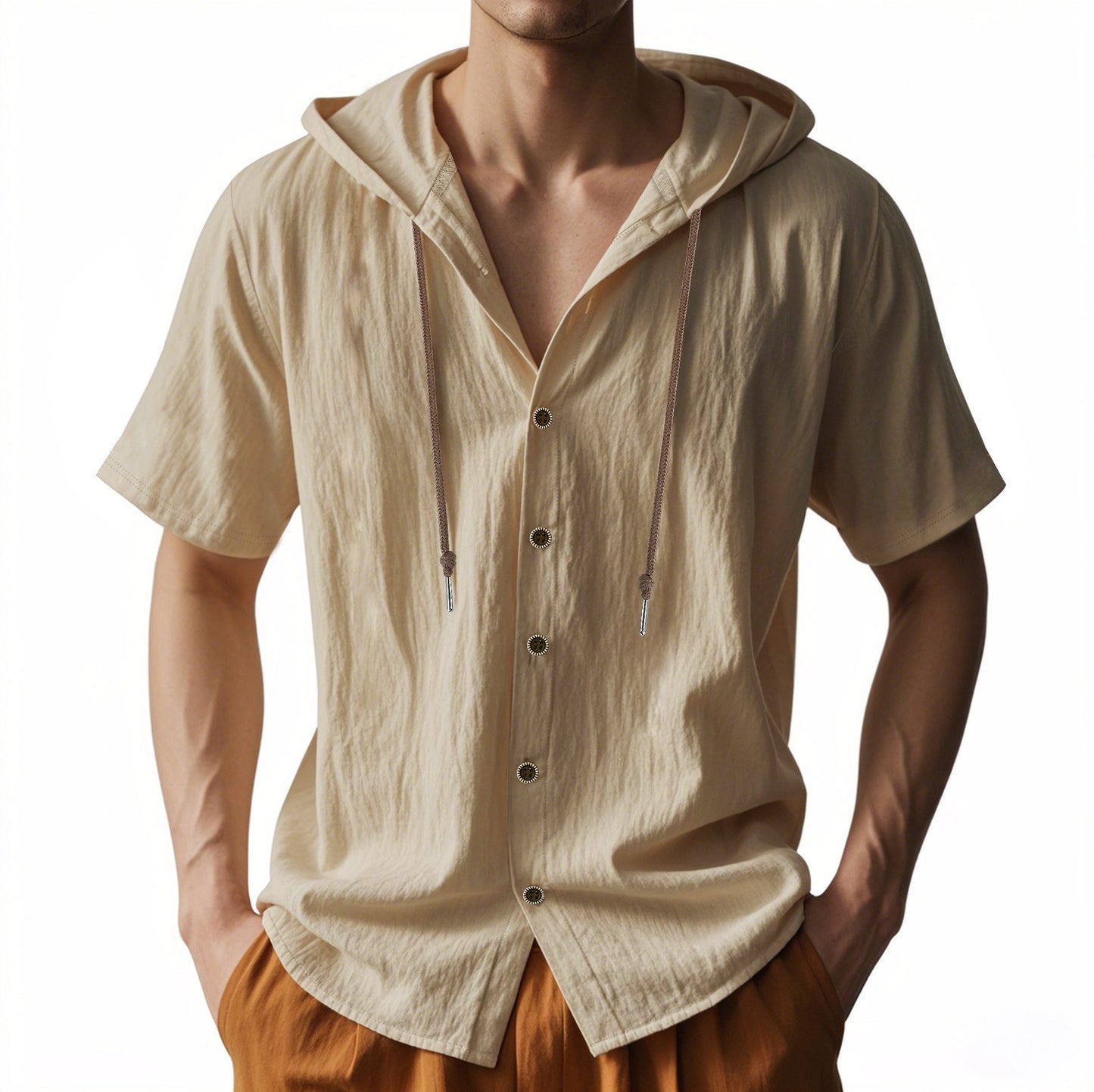 Herren Oversized Leinen Kapuzenhemd – Kurzarm Amekaji Casual Sommer Overshirt | 2455C
