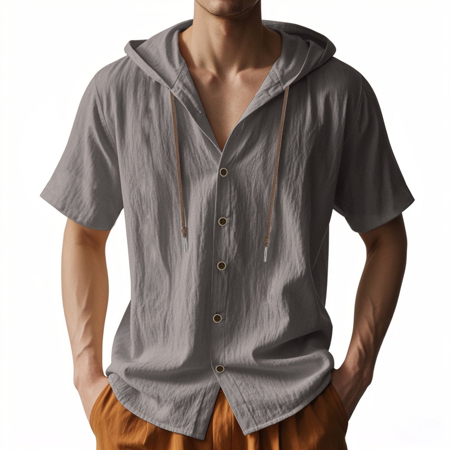 Herren Oversized Leinen Kapuzenhemd – Kurzarm Amekaji Casual Sommer Overshirt | 2455C